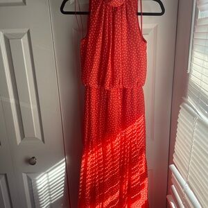 Just Taylor Vibrant Orange Sleeveless Dress with Polka Dots
